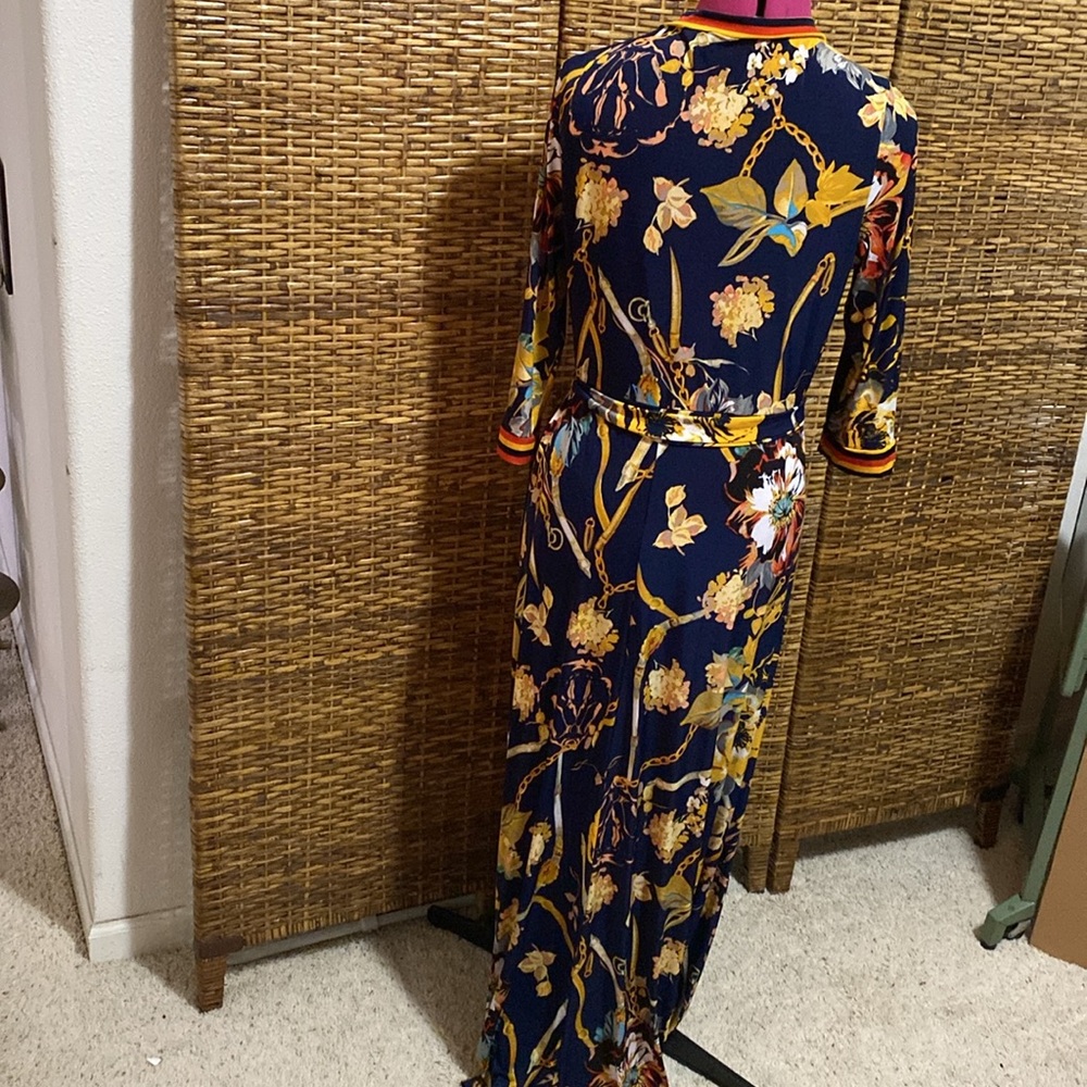 EUC Mlle Gabrielle blue golden yellow red three quarter sleeve maxi Dress 1X - Picture 5 of 6